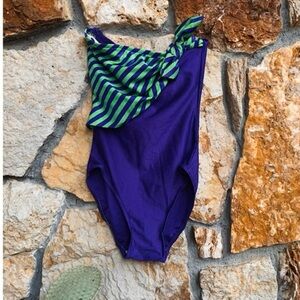VTG 80s Oscar de la Renta Purple & Green Striped One Pc Stapless Swimsuit Sz 8